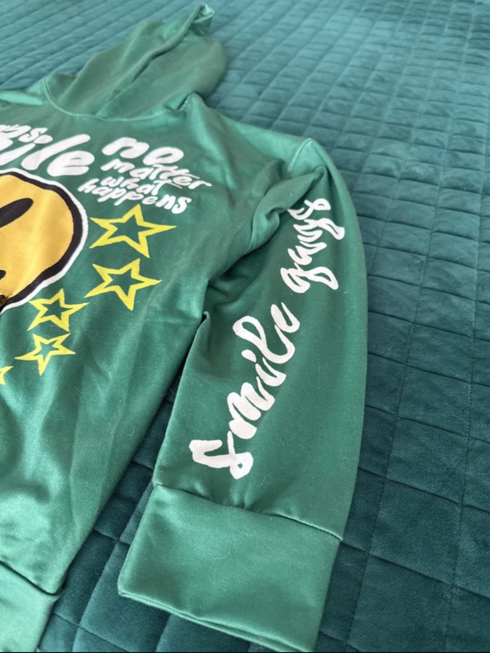 Green Smiley Face Graphic Hoodie Floral Print Y2K Streetwear - Picture 2 of 4